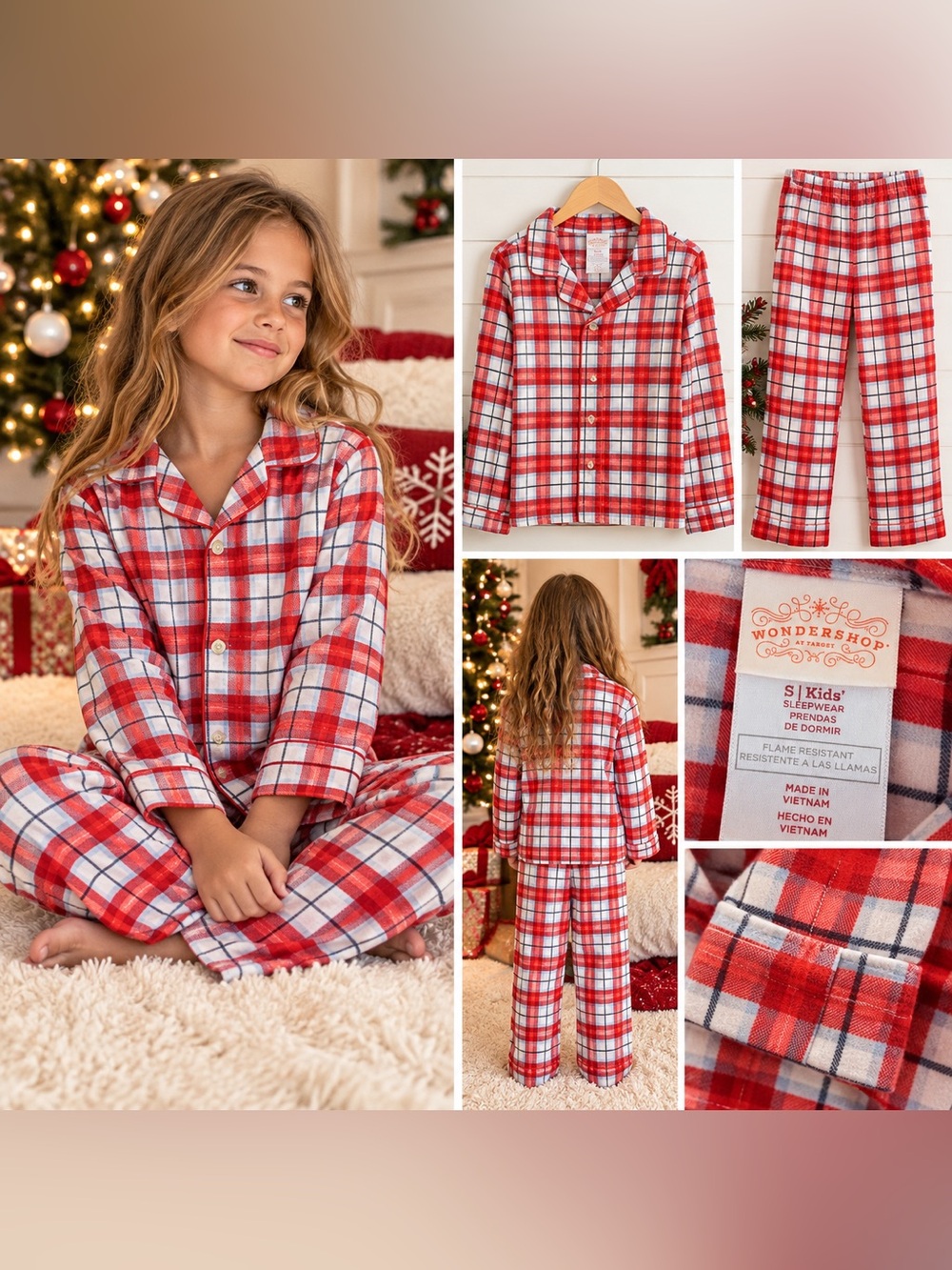 Wonderkids Red and White Plaid Cotton Pajama Set for Kids